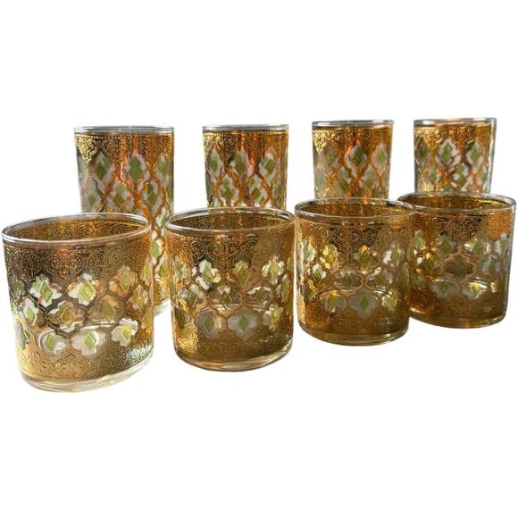 Vintage 60s Culver Valencia 4 Highball and 4 Lowball MCM 22K Gold Glasses - Picture 3 of 5